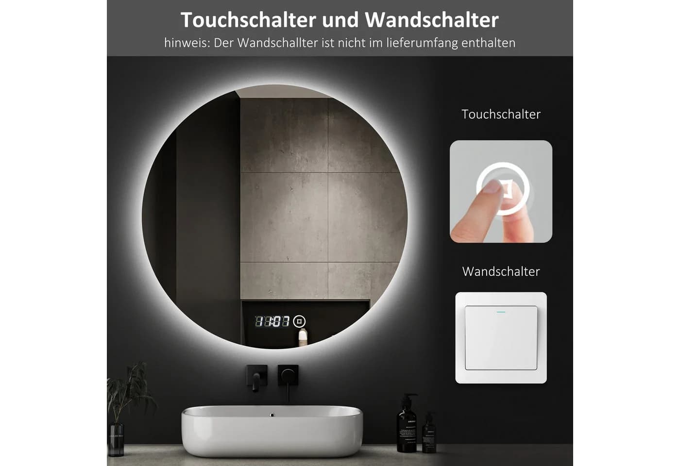 WDWRITTI LED Badspiegel 60x60cm mit Uhr und Speicherfunktion - Bild 5
