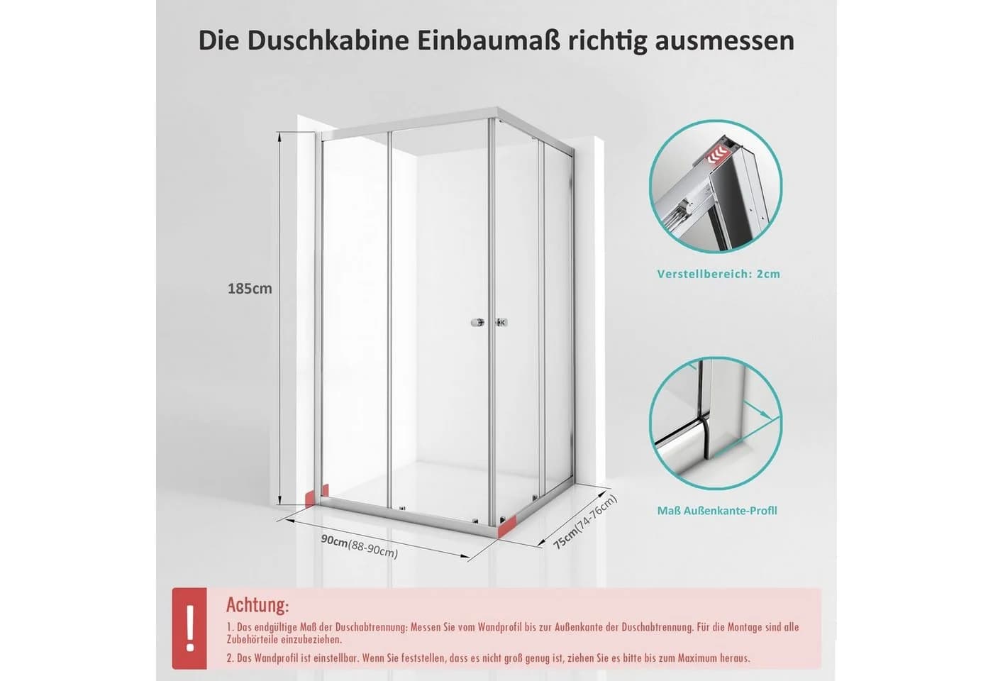 Boromal Eckdusche 75x90 Schiebetür 5mm ESG Glas Silber - Bild 3