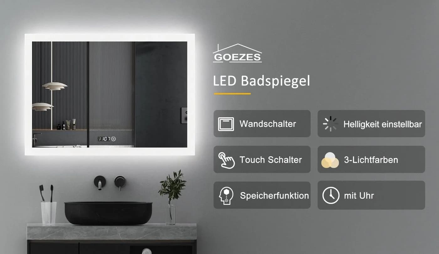WDWRITTI LED Badspiegel mit Uhr Touch dimmbar