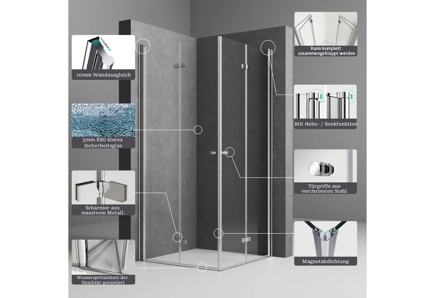 Boromal Eckdusche mit 180° Falttür und Sicherheitsglas - Bild 3