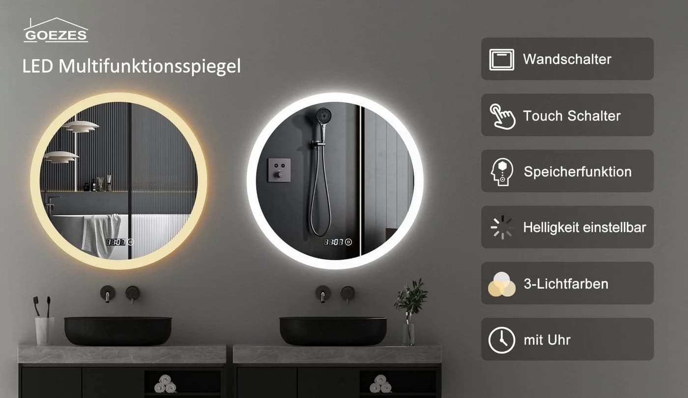 WDWRITTI LED Badspiegel Rund 60cm Aluminium mit Touch Uhr dimmbar