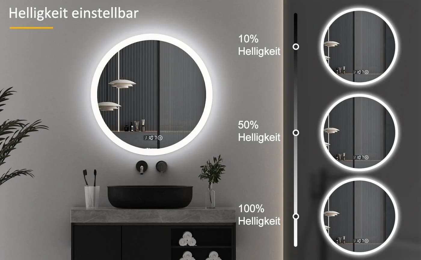 WDWRITTI LED Badspiegel Rund 60cm Aluminium mit Touch Uhr dimmbar - Bild 5