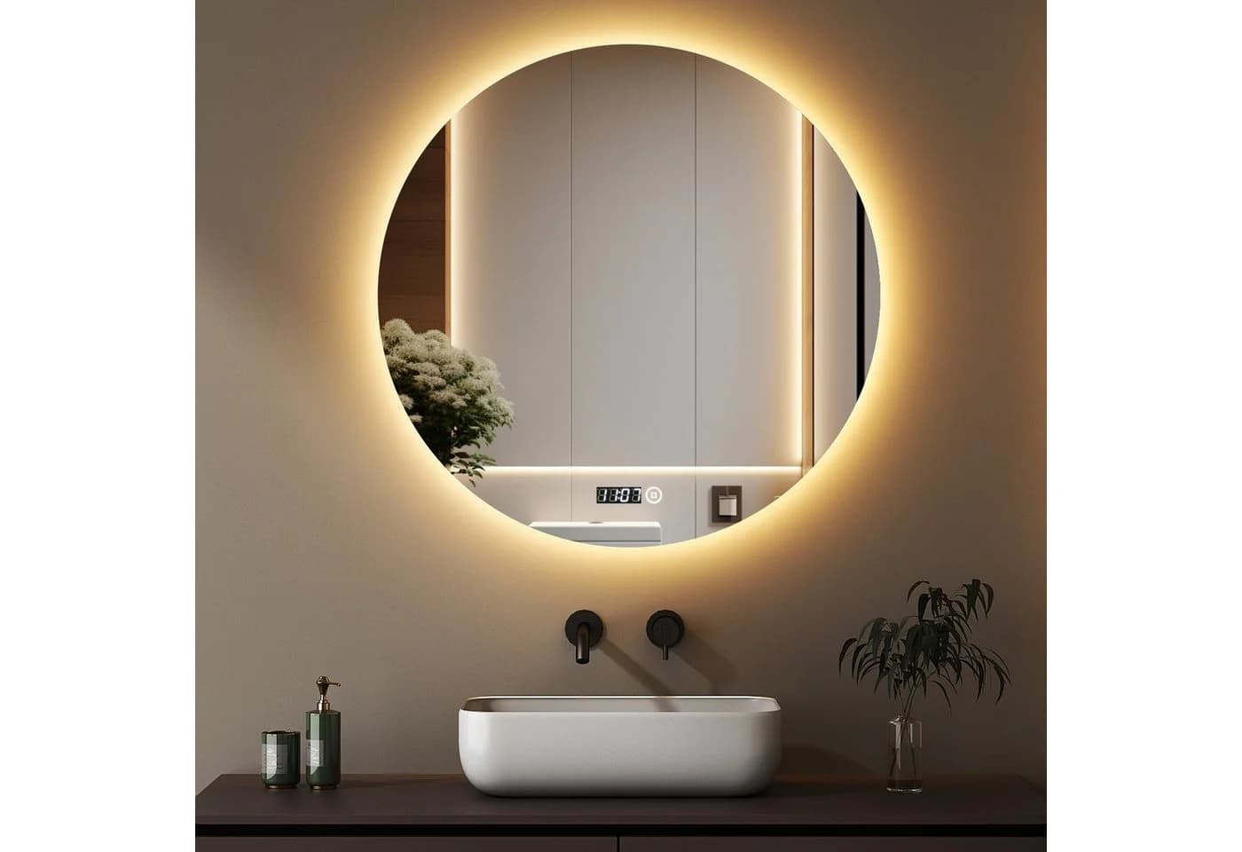 WDWRITTI Badspiegel LED Rund 60 cm mit Uhr und Beleuchtung