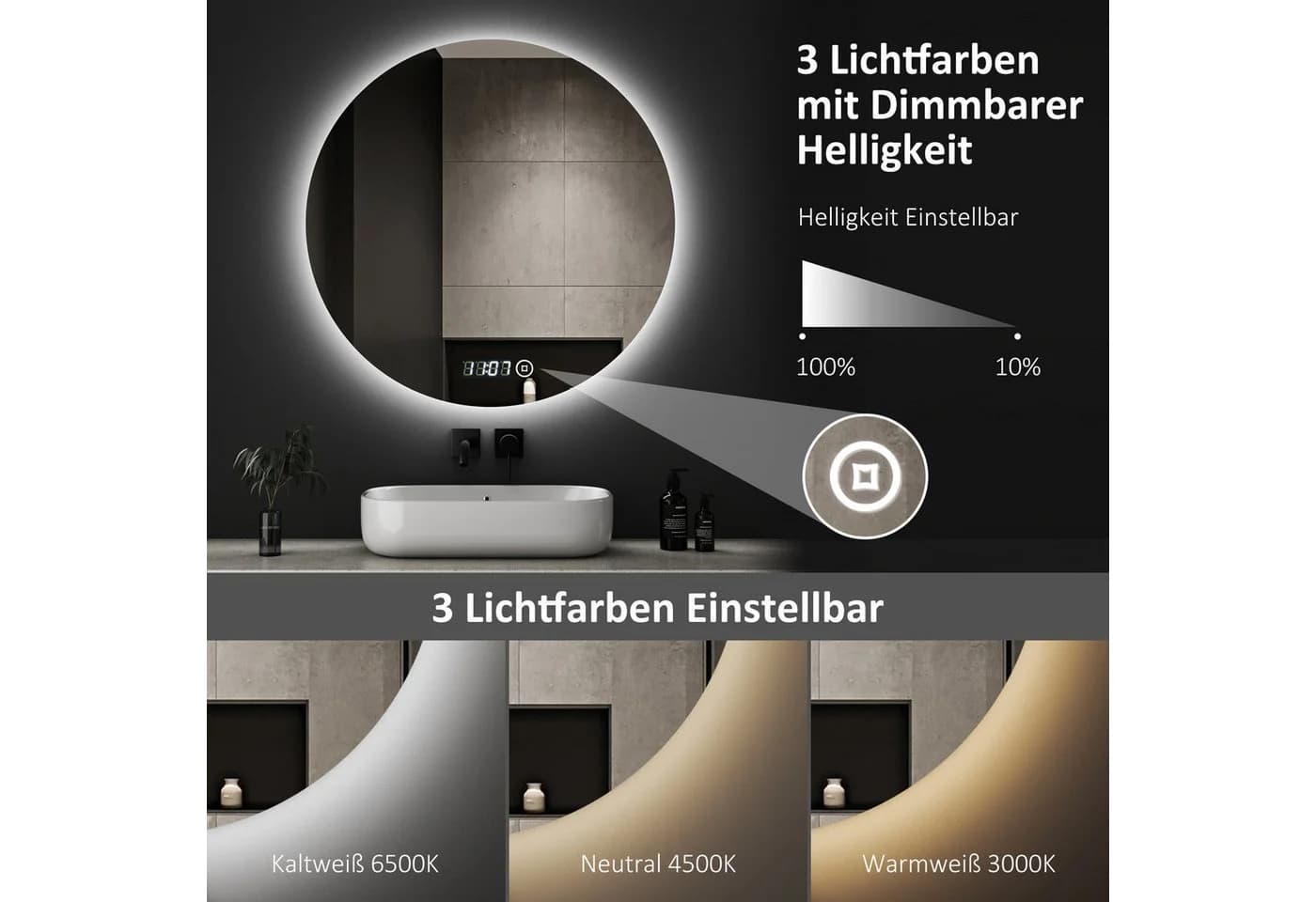 WDWRITTI Badspiegel LED Rund 60 cm mit Uhr und Beleuchtung - Bild 3