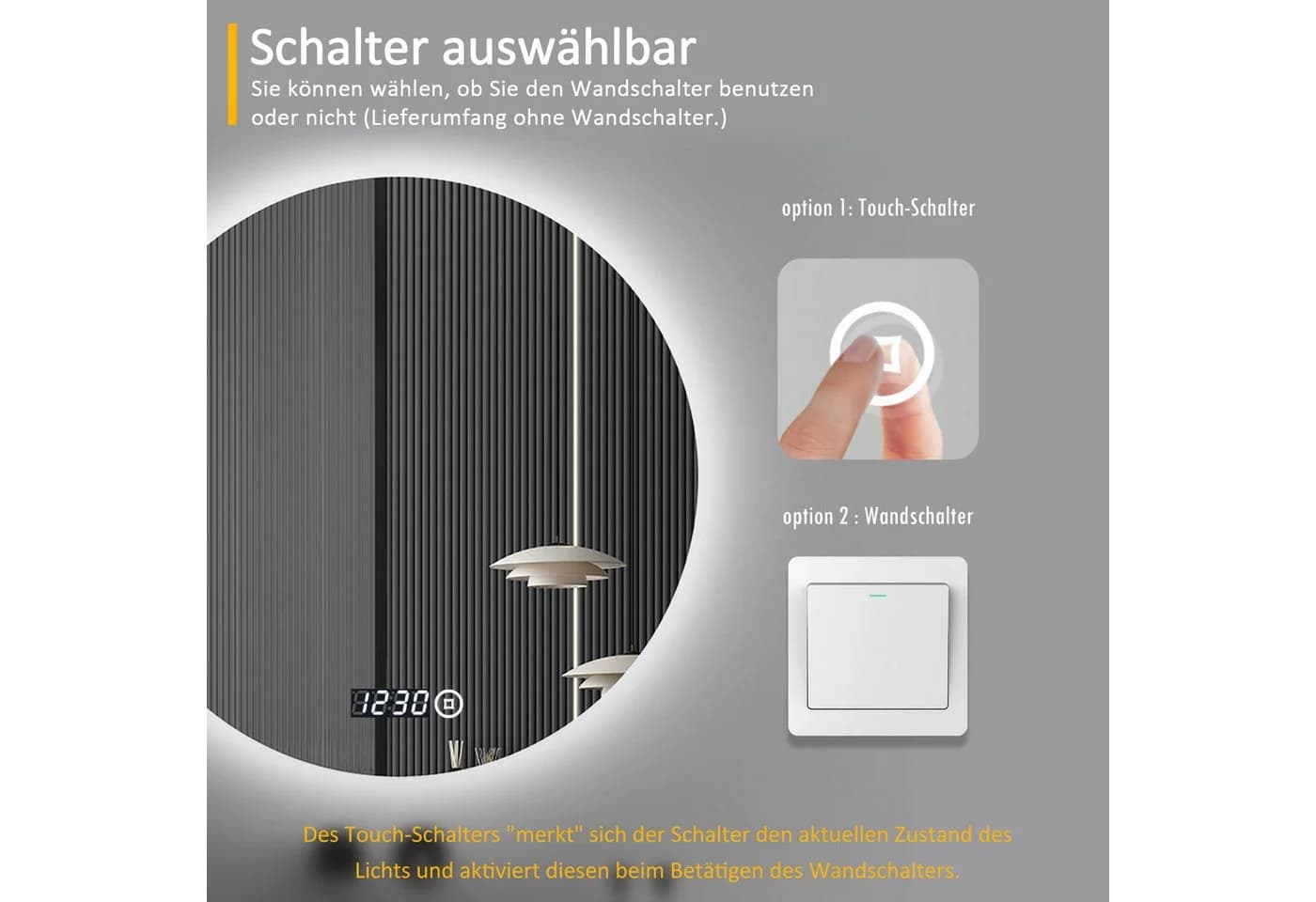 WDWRITTI Badspiegel LED Rund 60 cm mit Uhr und Beleuchtung - Bild 5