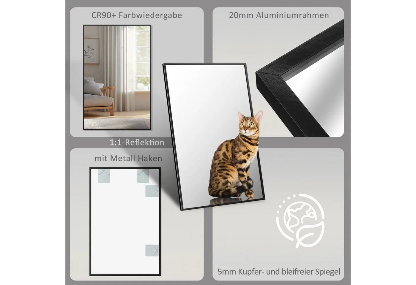 Boromal Wandspiegel Schwarz Aluminiumrahmen Modern - Bild 3