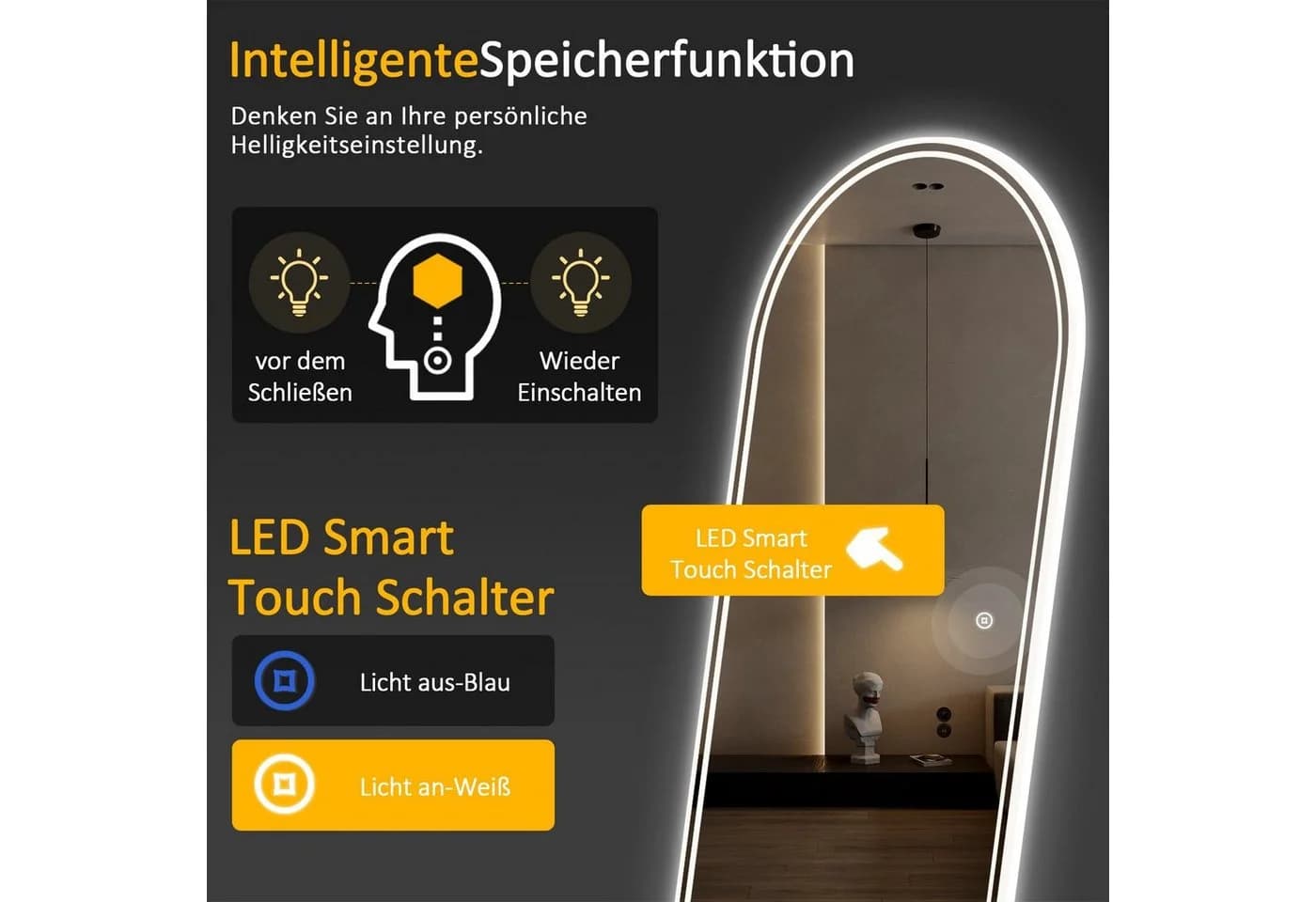 WDWRITTI LED Wandspiegel mit beleuchtung Spiegel Led groß 150x50 140x40 3Lichtfarben Dimmbar - Bild 5