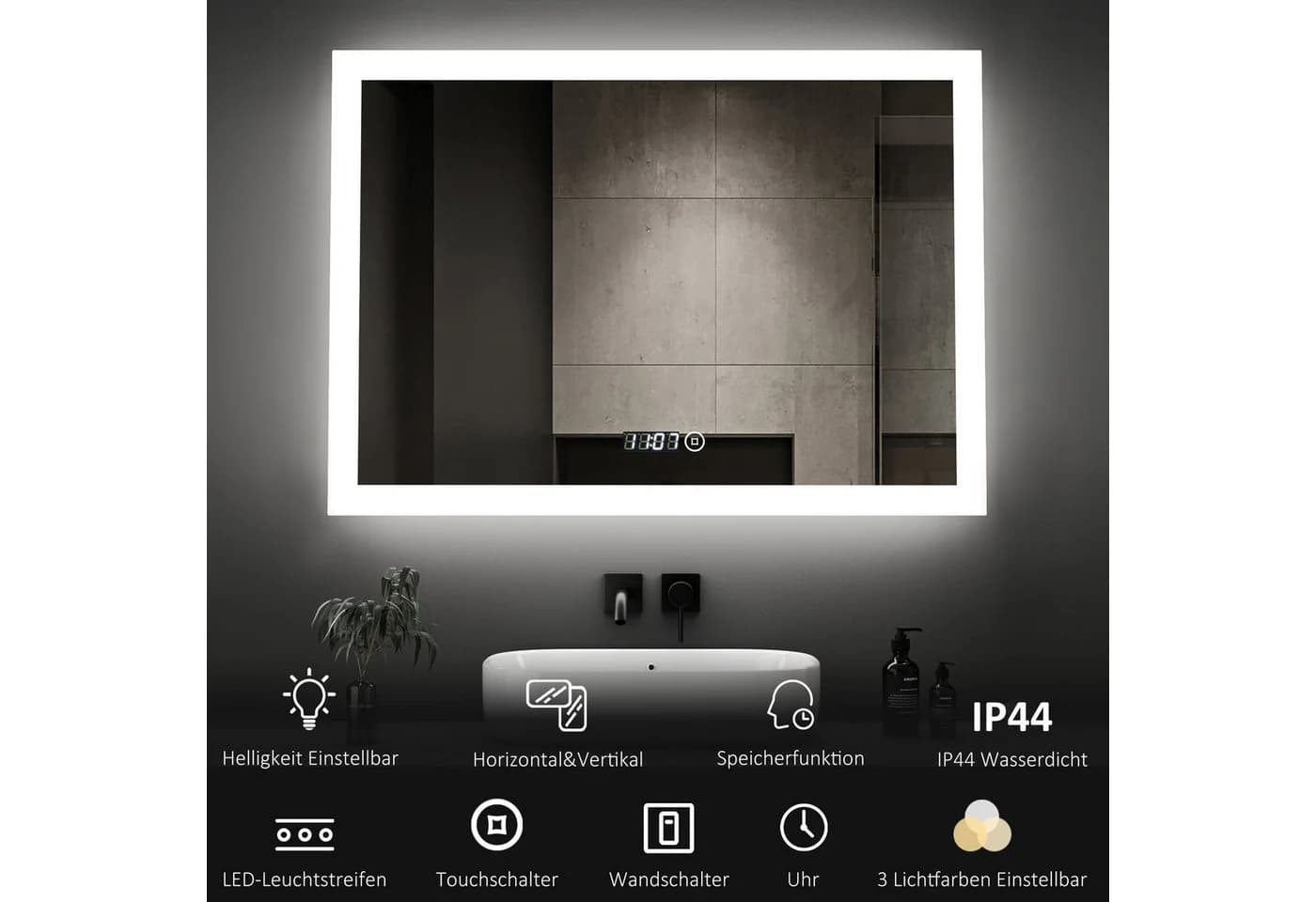 WDWRITTI LED Badspiegel mit Uhr Dimmbar 3 Lichtfarben Touch