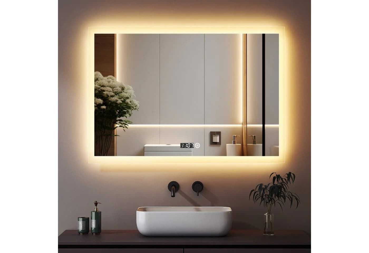 WDWRITTI LED Badspiegel mit Uhr Dimmbar 3 Lichtfarben Touch - Bild 2