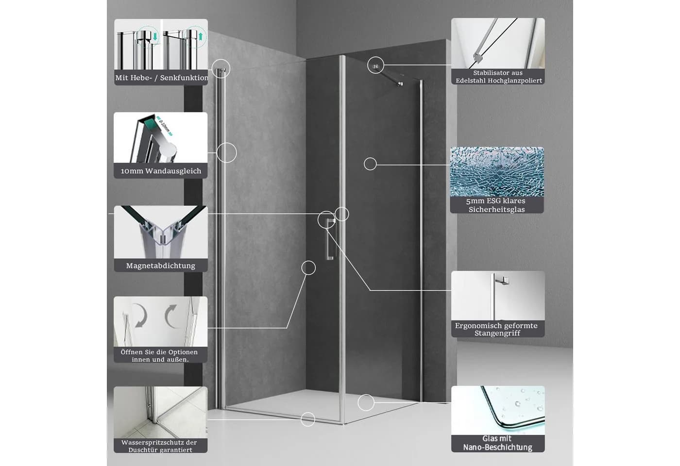 Boromal Eckdusche Pendeltür mit Seitenwand 90x90cm 5mm Glas Aluminium - Bild 3