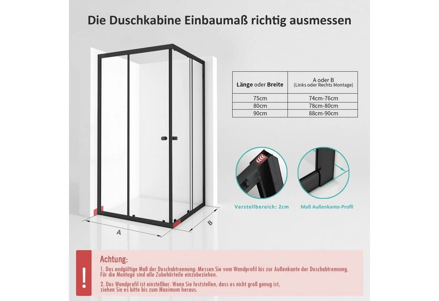 Boromal Eckdusche Schiebetür Schwarz 80x75 cm - Bild 3