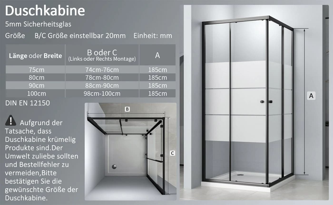 Hopibath Eckdusche Schiebetür Schwarz 5mm Sicherheitsglas - Bild 4