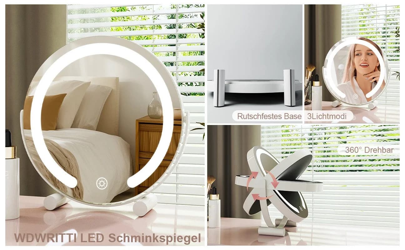 WDWRITTI Schminkspiegel mit Beleuchtung 360° drehbar dimmbar