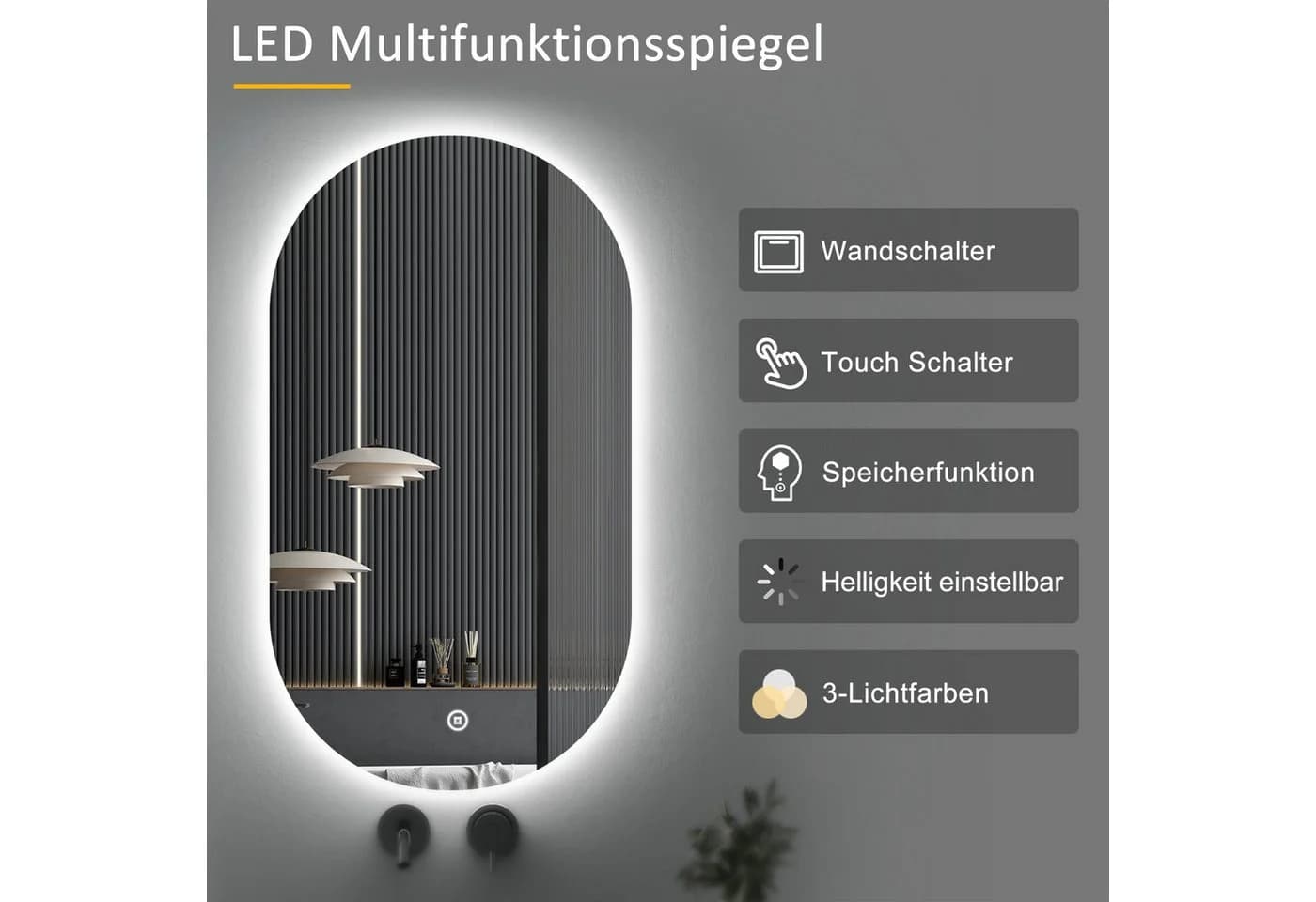 WDWRITTI LED Badspiegel mit Touch-Schalter und Wandschalter - Bild 3