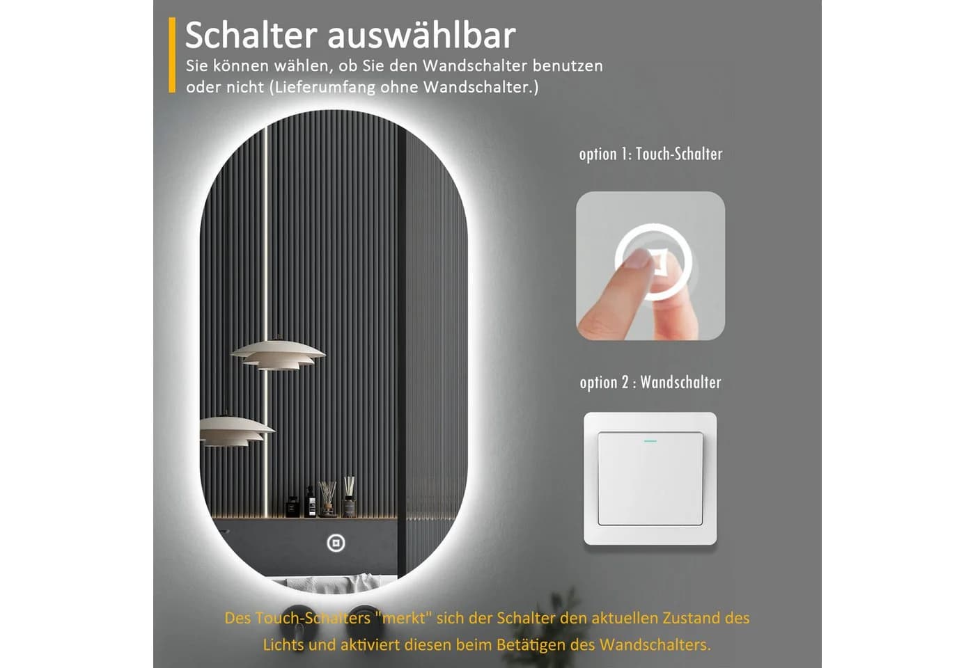 WDWRITTI LED Badspiegel mit Touch-Schalter und Wandschalter - Bild 5