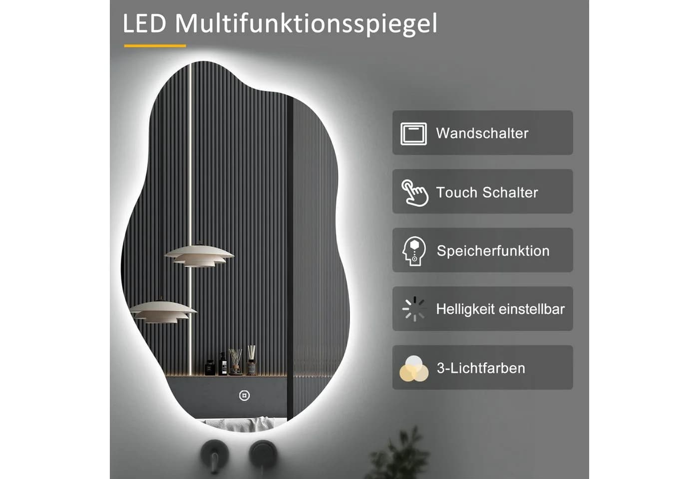 WDWRITTI LED Badspiegel Modern Dimmbar Touch 3 Farben IP44 - Bild 3