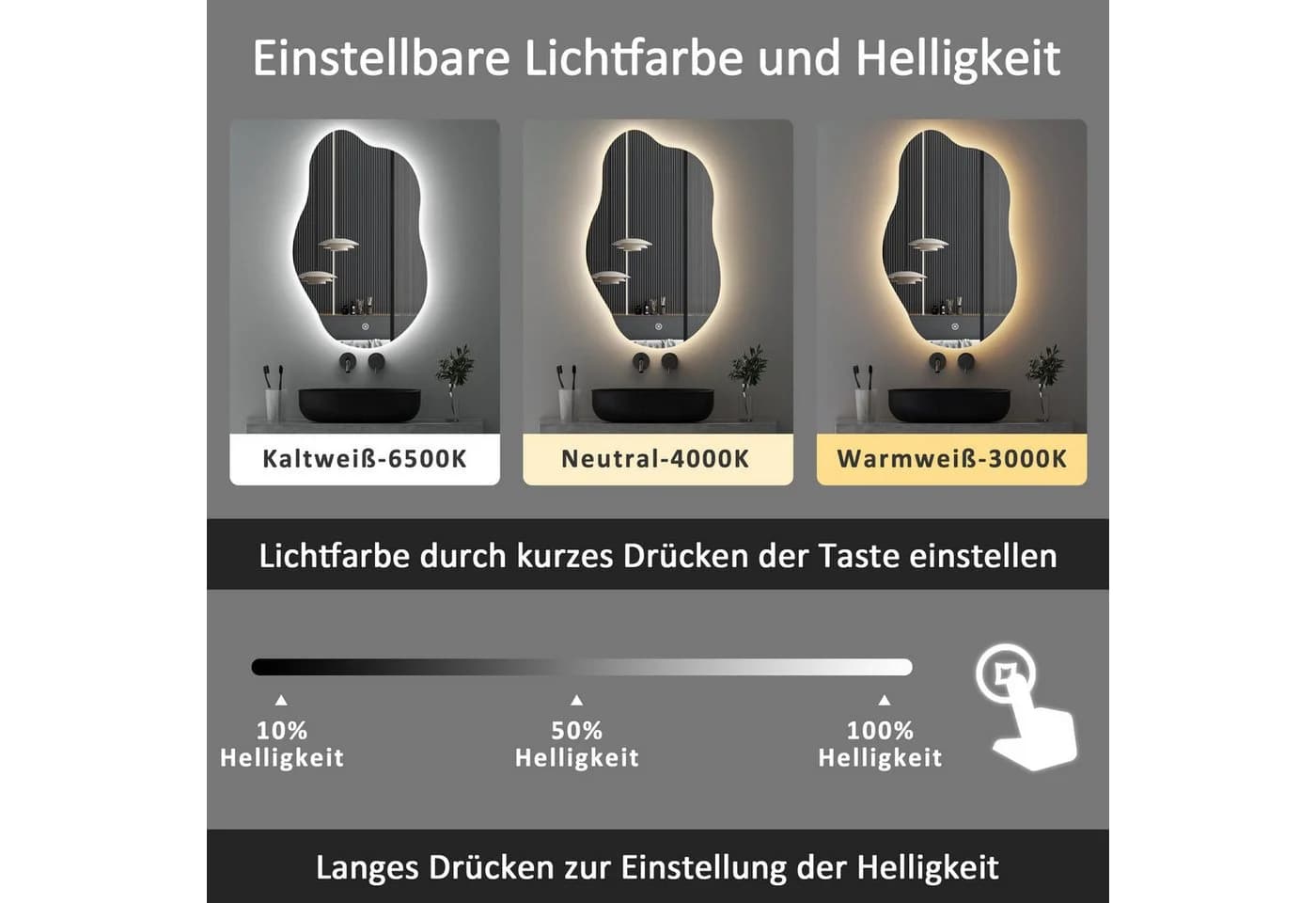 WDWRITTI LED Badspiegel Modern Dimmbar Touch 3 Farben IP44 - Bild 4