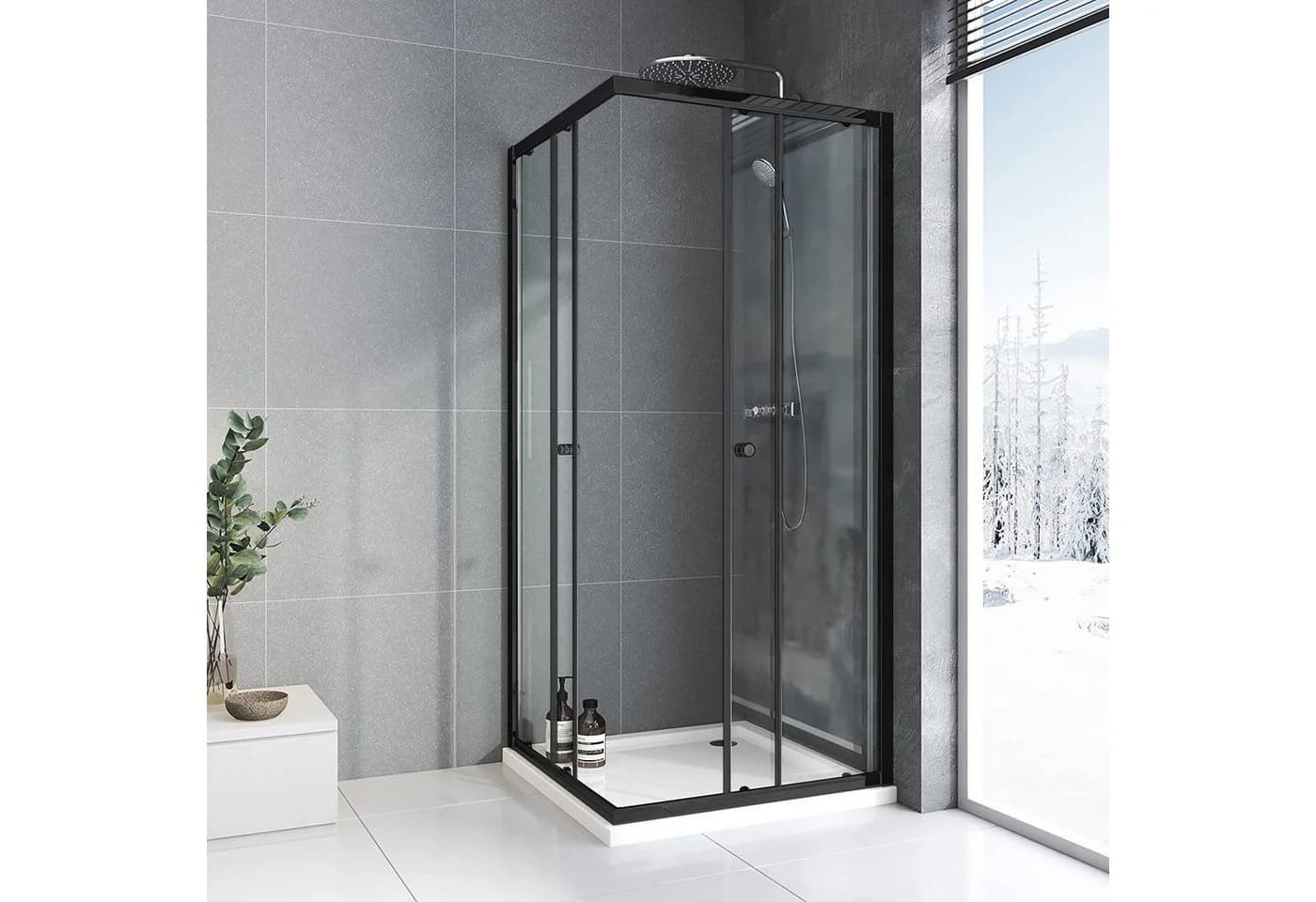 Boromal Eckdusche Duschkabine Schwarz 5mm ESG Alu-Rahmen Schiebetür