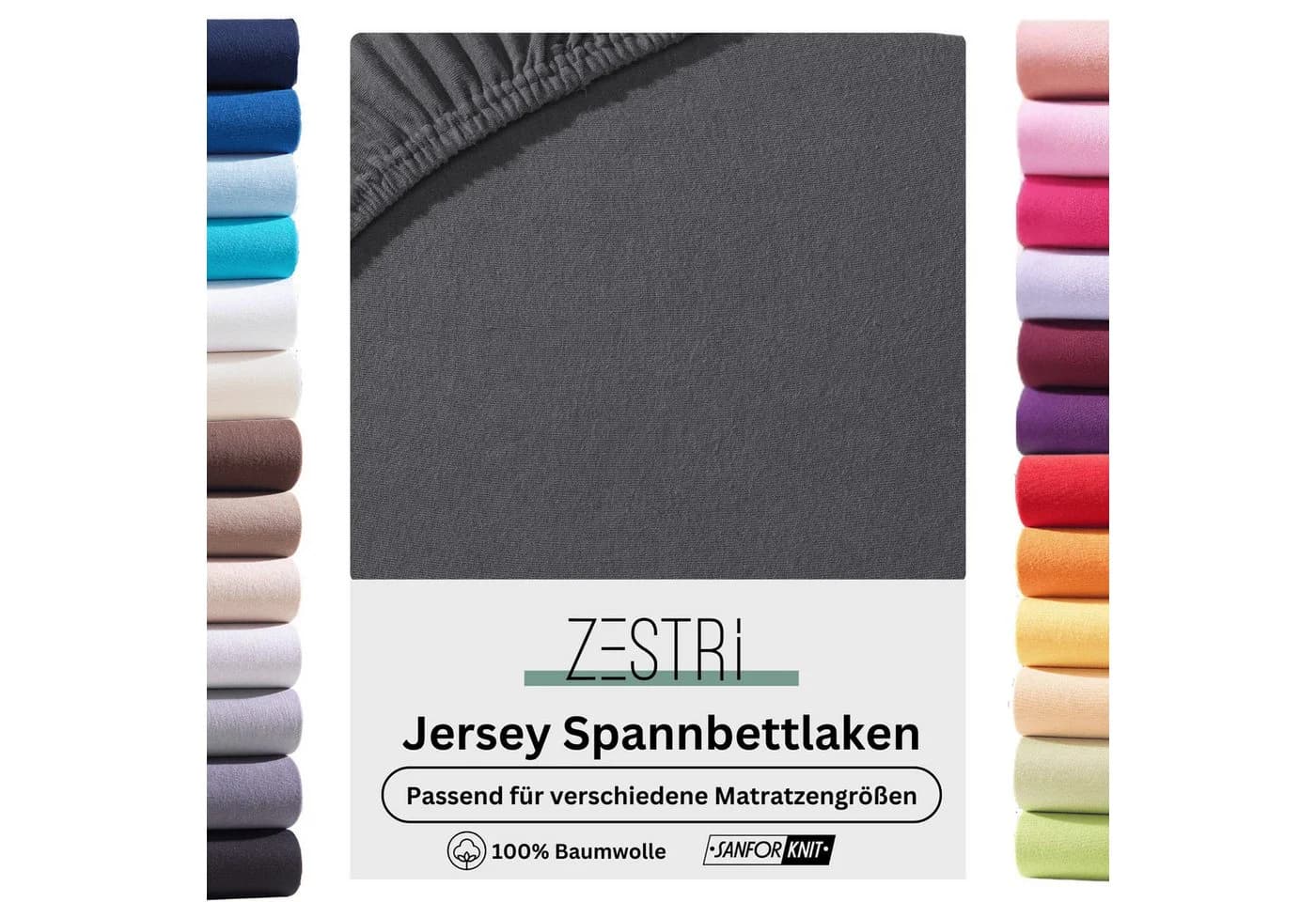 Zestri Spannbettlaken Jersey 100% Baumwolle Grau Rundum-Gummizug - Bild 2