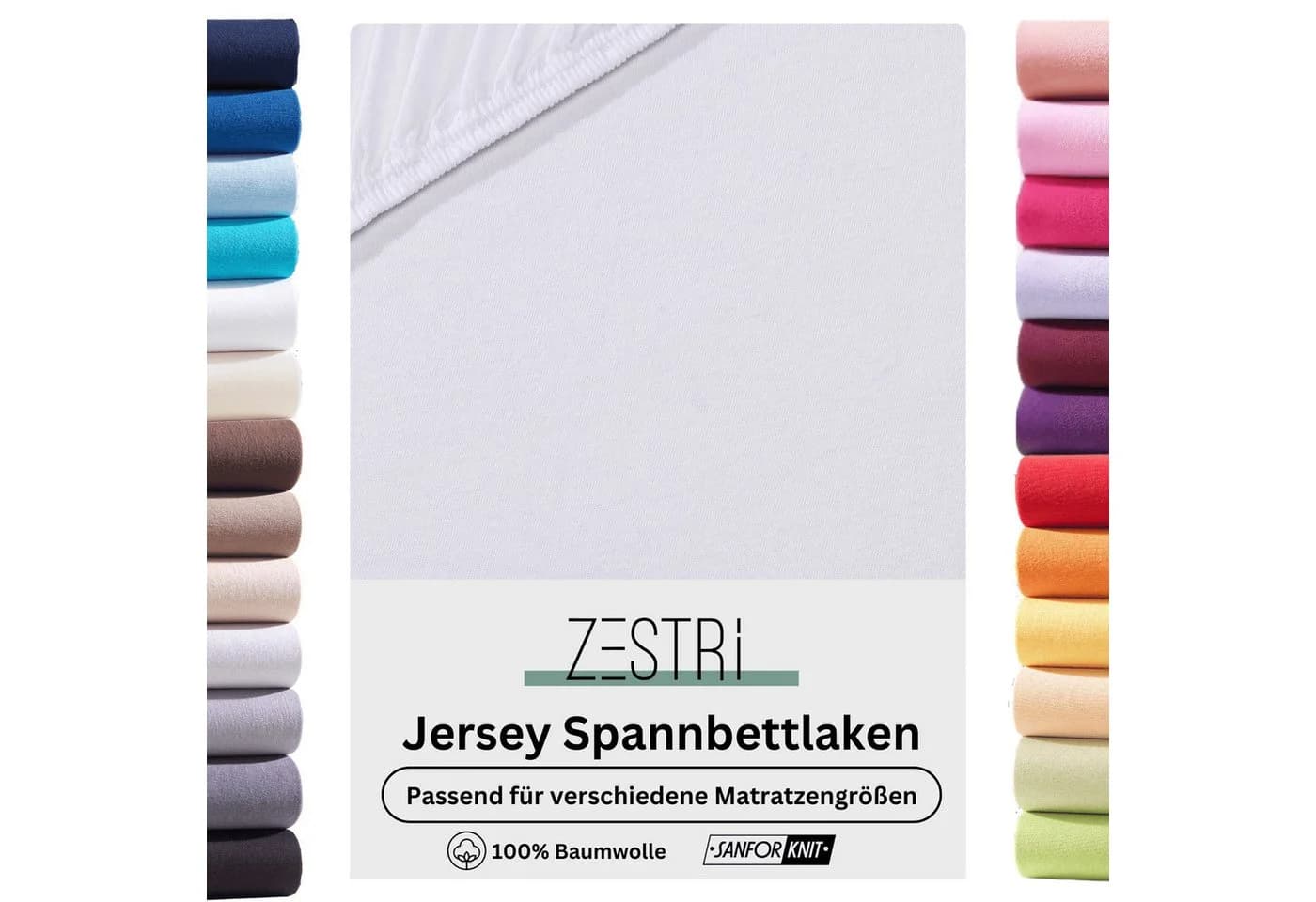 Zestri Spannbettlaken Jersey 100% Baumwolle Weiß Rundum-Gummizug - Bild 2
