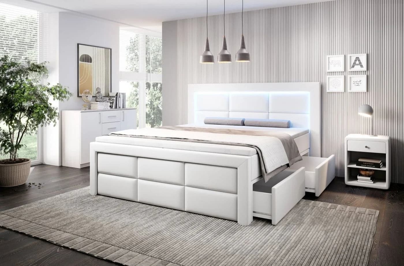 Lukas Möbel Boxspringbett Aston mit Bettkasten, LED & Topper Grau