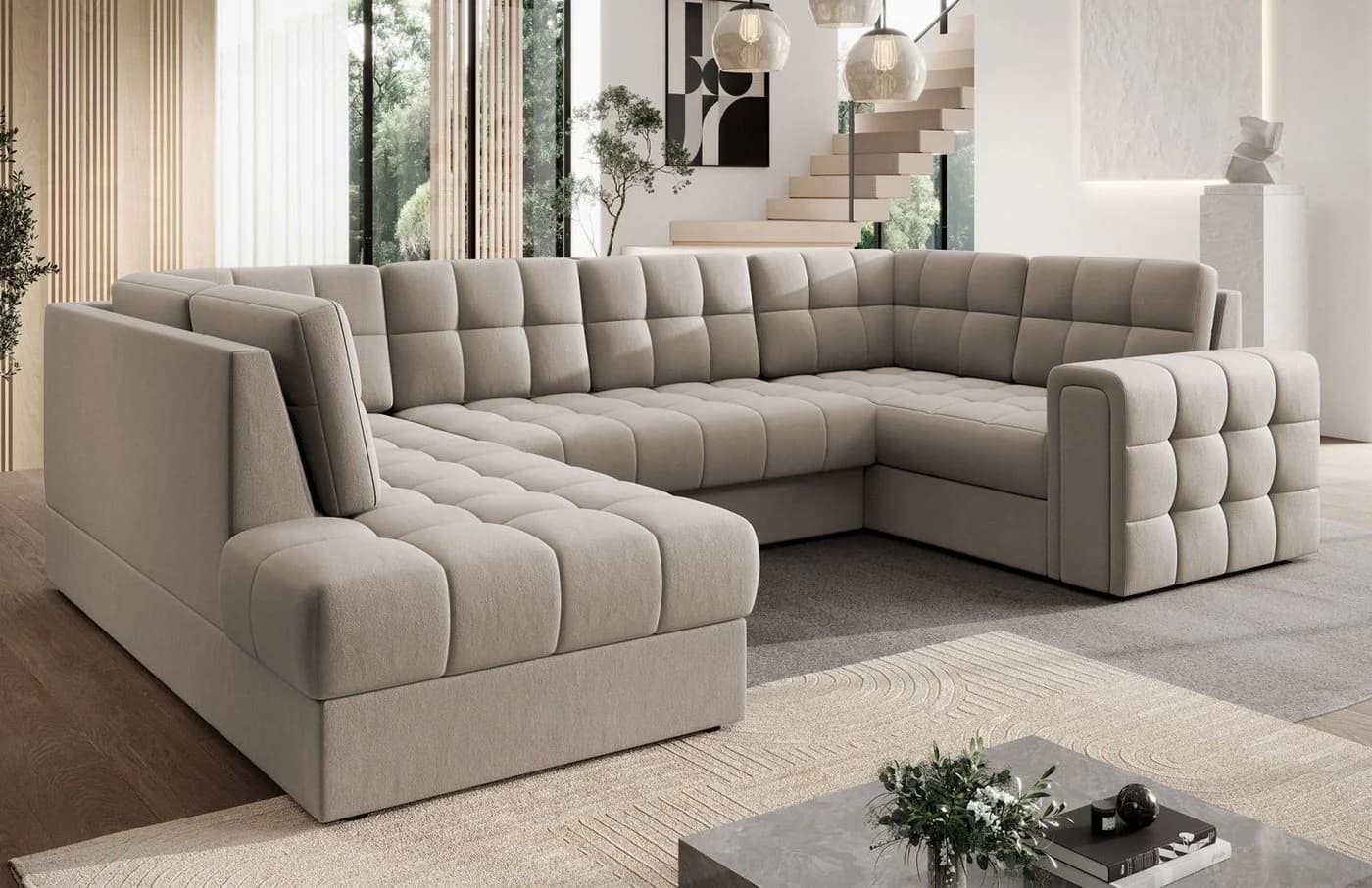 Lukas Möbel Wohnlandschaft Belvis Ecksofa U-Form Beige mit Bettfunktion - Bild 3