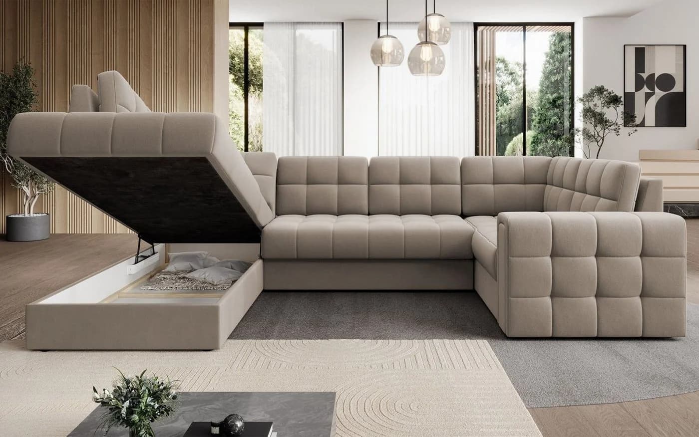 Lukas Möbel Wohnlandschaft Belvis Ecksofa U-Form Beige mit Bettfunktion - Bild 5