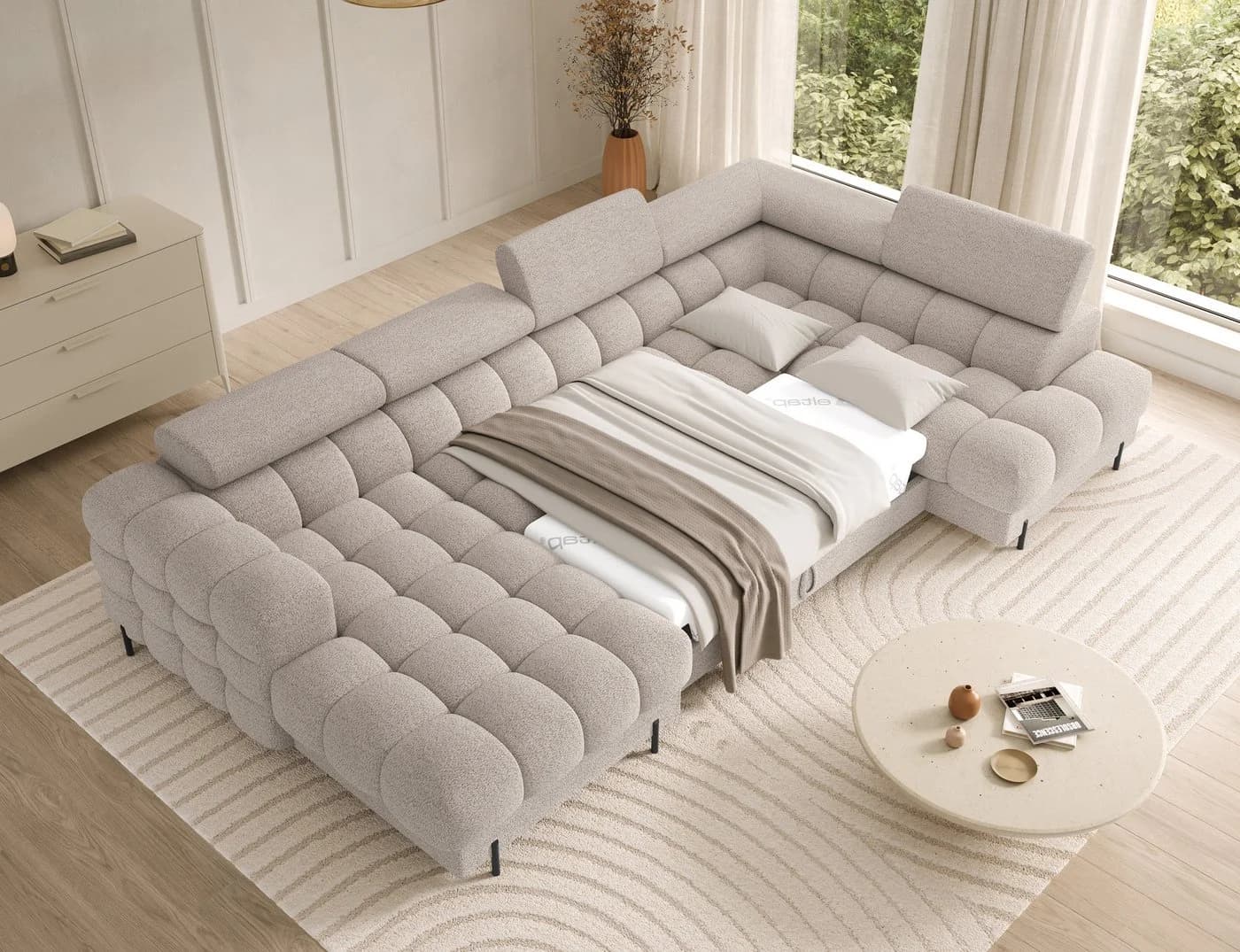 Lukas Möbel Wohnlandschaft Falco XXL-Sofa U-Form Beige mit Schlaffunktion - Bild 3