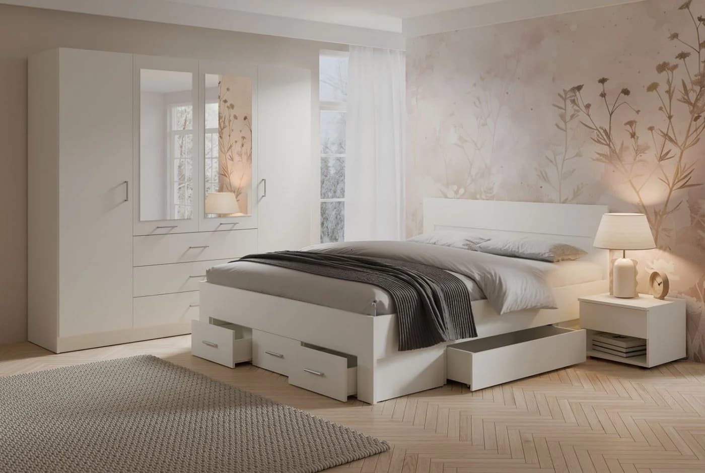 Lukas Möbel Schlafzimmer-Set Monsun Weiß mit 5 Schubladen und Kleiderschrank - Bild 2