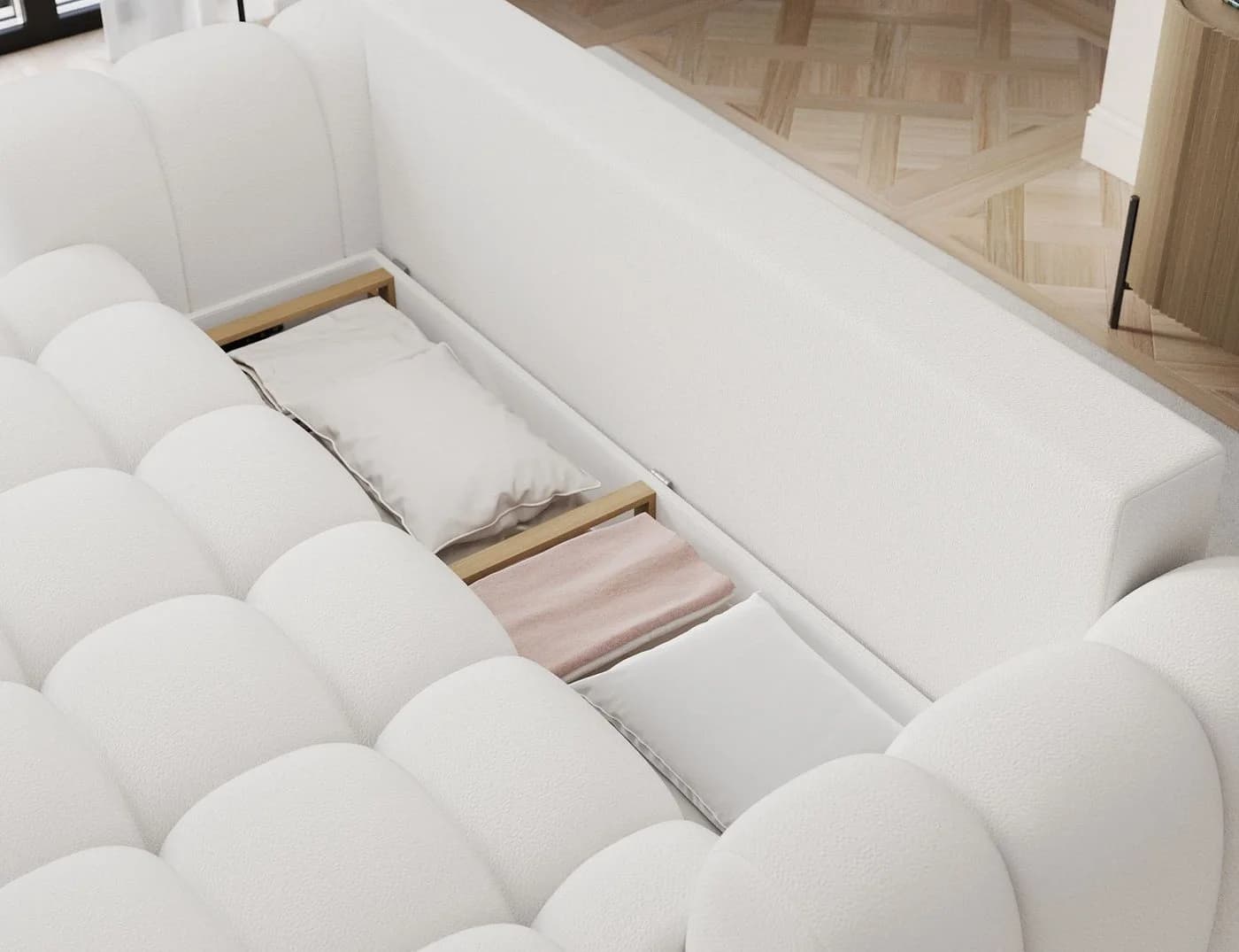 Lukas Möbel Schlafsofa Kitty mit Bettkasten und Zierkissen in Weiß - Bild 4