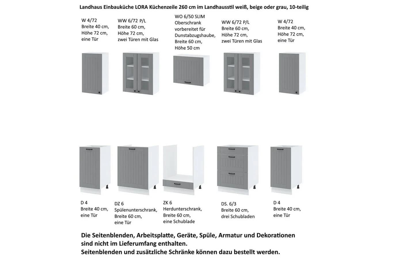 Möbel für Dich Küchenzeile Landhaus LORA 260 cm 10-teilig Weiß/Beige/Grau - Bild 3