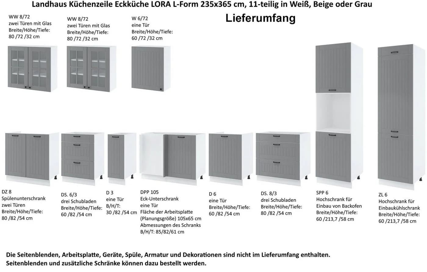Möbel für Dich Küchenzeile Landhaus Eckküche LORA L-Form 11-teilig Weiß - Bild 4