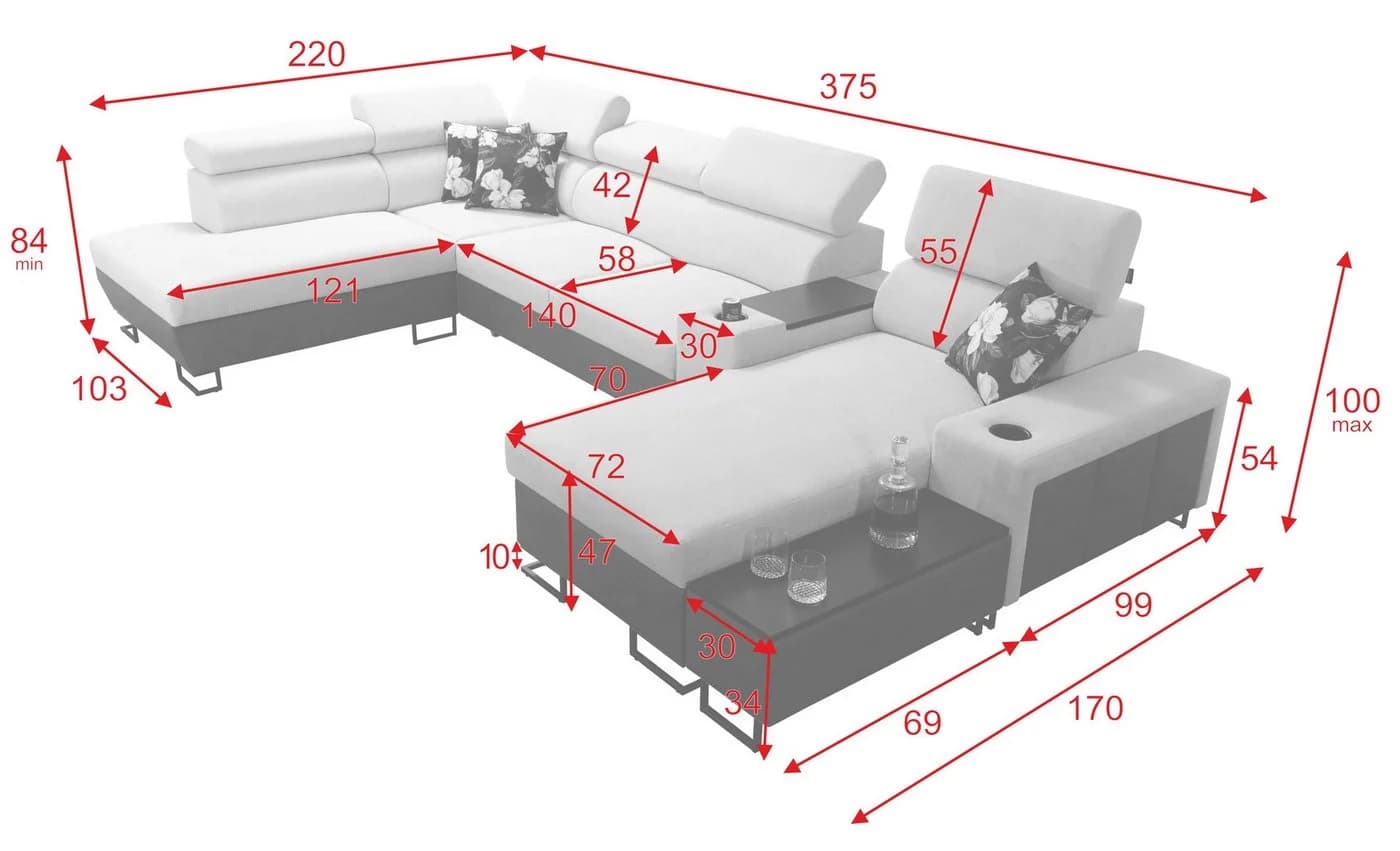 Melody V Wohnlandschaft U-Form mit Ablagetisch, USB & Bettfunktion - Bild 3