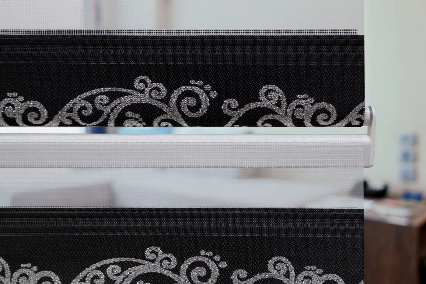 Doppelrollo Klemmfix ohne Bohren schwarz Silber Rankenmuster Perlen, Plisseeonline - Bild 3
