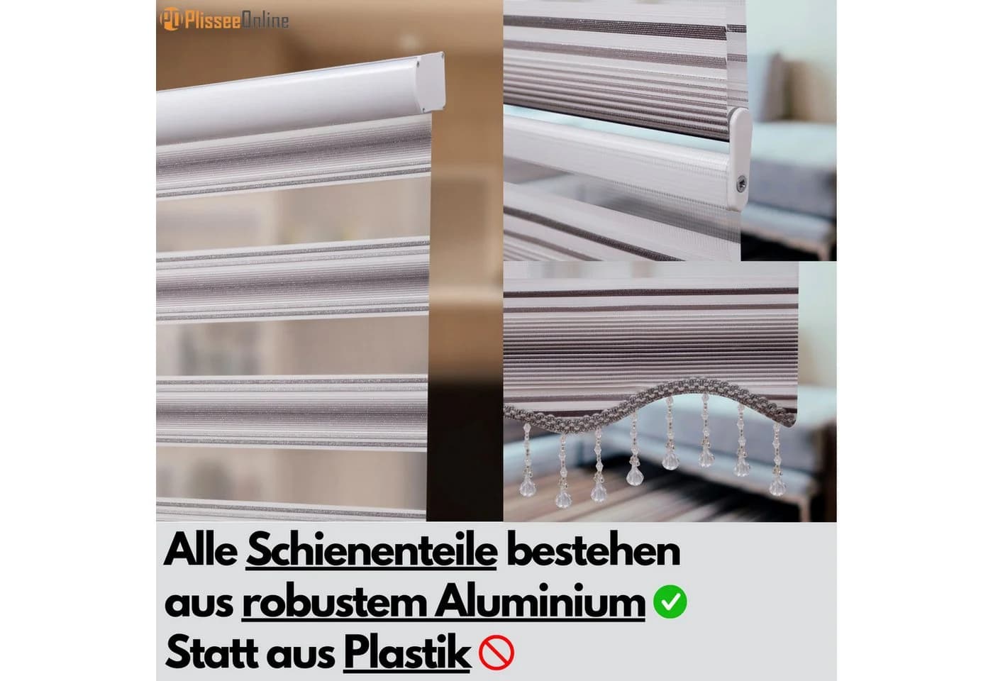 PlisseeOnline Doppelrollo Duorollo Grau/Gold/Weiss mit Kassette und Perlen - Bild 4