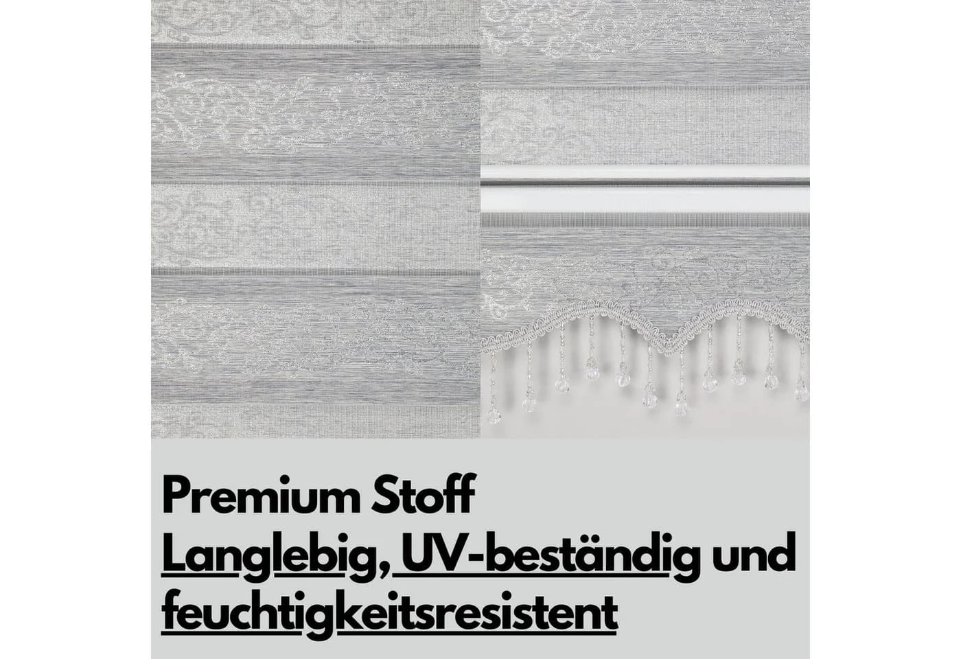 Doppelrollo Duorollo mit Kassette Rankenmuster und Perlen Höhe: 250 cm, Plisseeonline, blickdicht, Deckenmontage, Freihängend, Deckenmontage mit Clips, Mit Motiv und Alu Kassette in Weiß Gold Schwarz - Bild 3