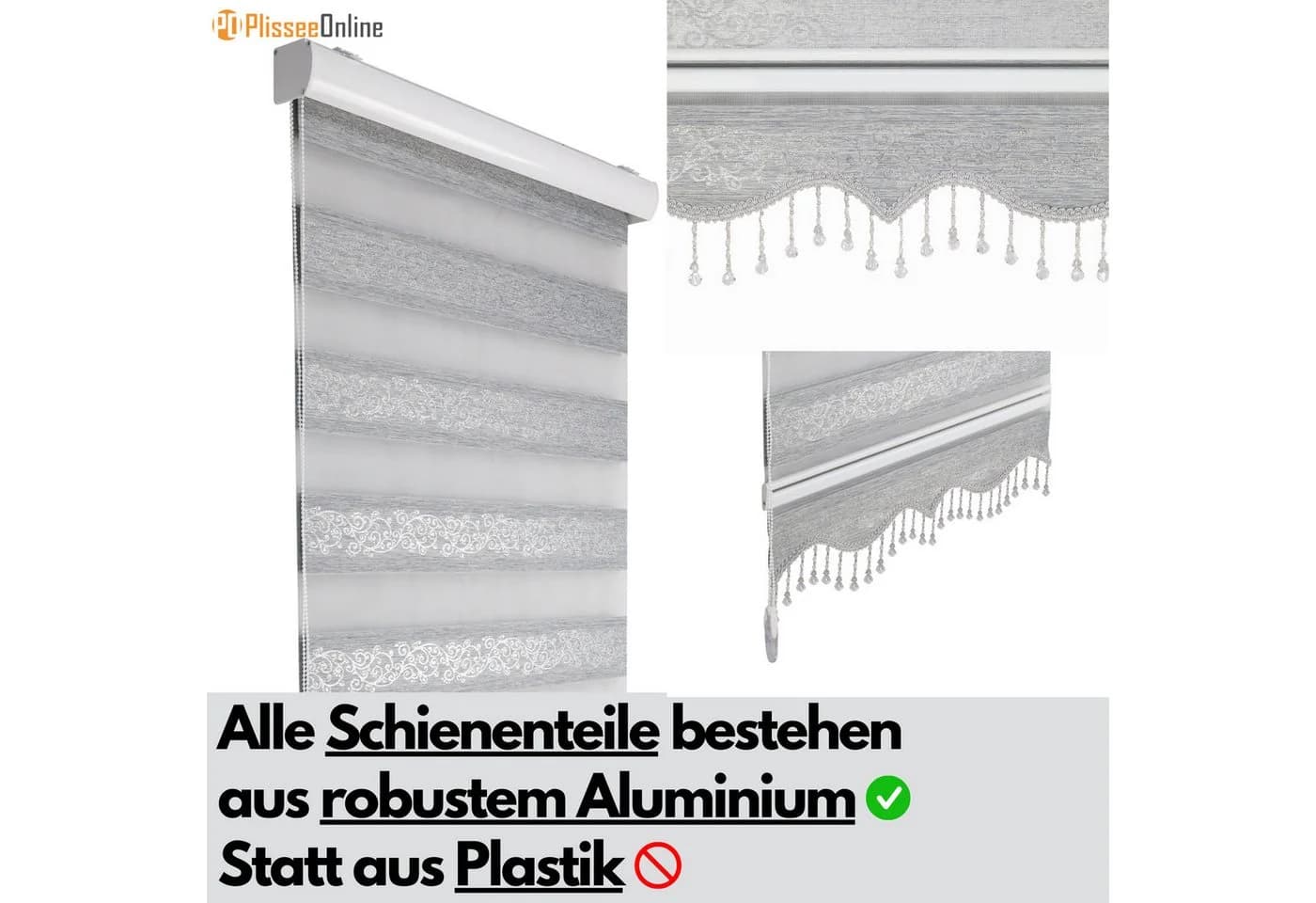 Doppelrollo Duorollo mit Kassette Rankenmuster und Perlen Höhe: 250 cm, Plisseeonline, blickdicht, Deckenmontage, Freihängend, Deckenmontage mit Clips, Mit Motiv und Alu Kassette in Weiß Gold Schwarz - Bild 4