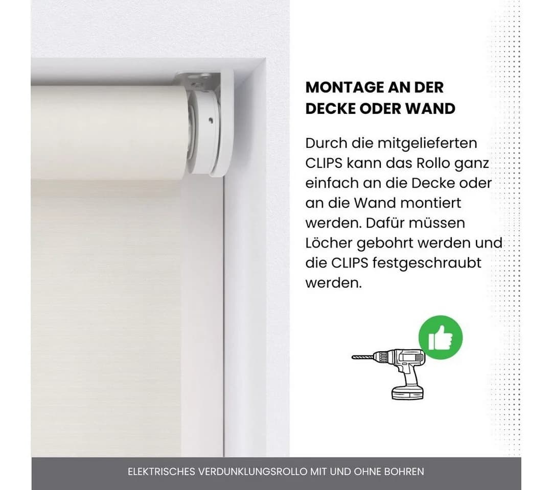 Plisseeonline Elektrisches Rollo Verdunklungsrollo Weiß/Grau Klemmfix