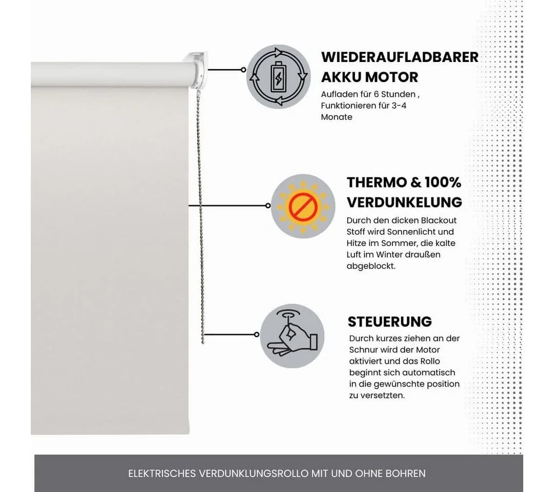 Plisseeonline Elektrisches Rollo Verdunklungsrollo Weiß/Grau Klemmfix - Bild 2