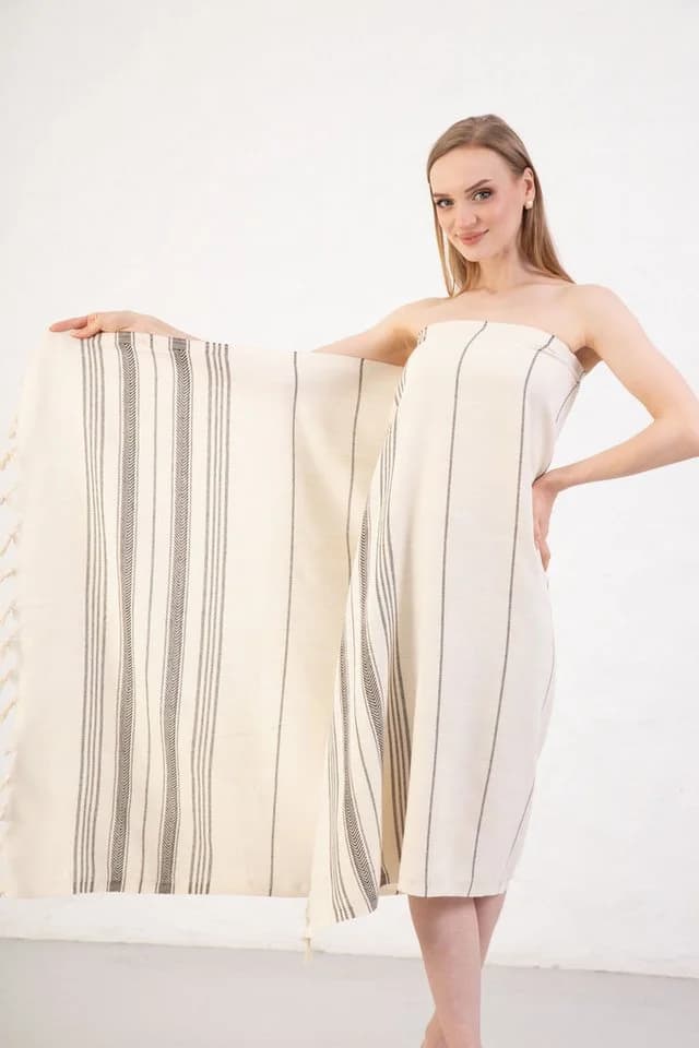 herémood Saunatuch XXL Hamamtuch Beige-Schwarz Baumwolle - Bild 3
