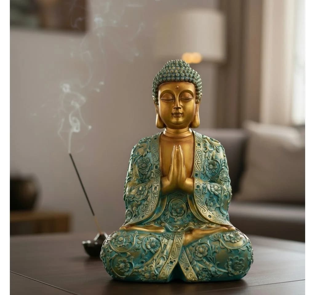 MF Buddha Statue Mintgrün Gold Polyresin 41cm Meditierende Figur - Bild 2
