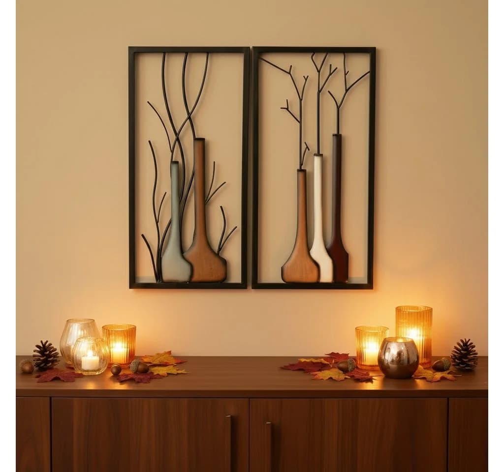MF Wandbild Set 2-tlg. Handbemalt Metall Braun Beige Vase Herbst Winter