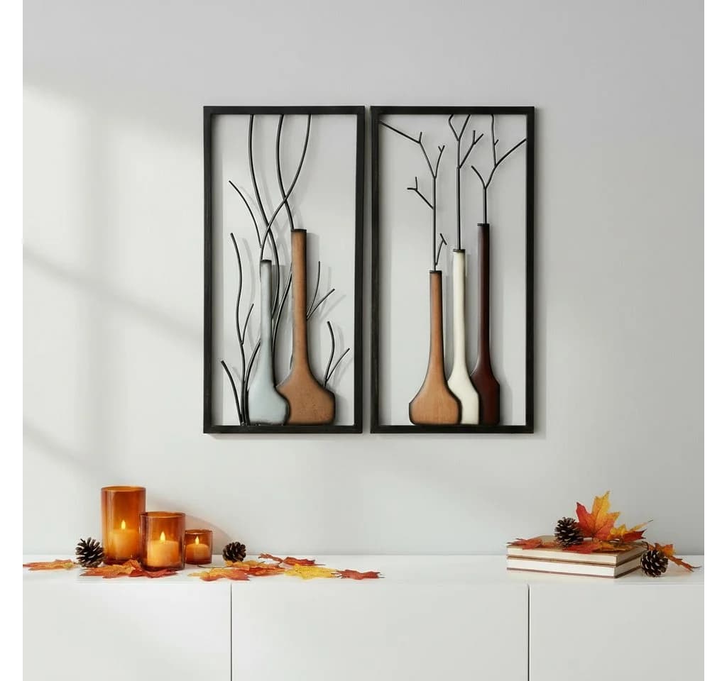MF Wandbild Set 2-tlg. Handbemalt Metall Braun Beige Vase Herbst Winter - Bild 3