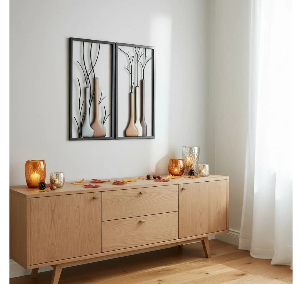 MF Wandbild Set 2-tlg. Handbemalt Metall Braun Beige Vase Herbst Winter - Bild 4