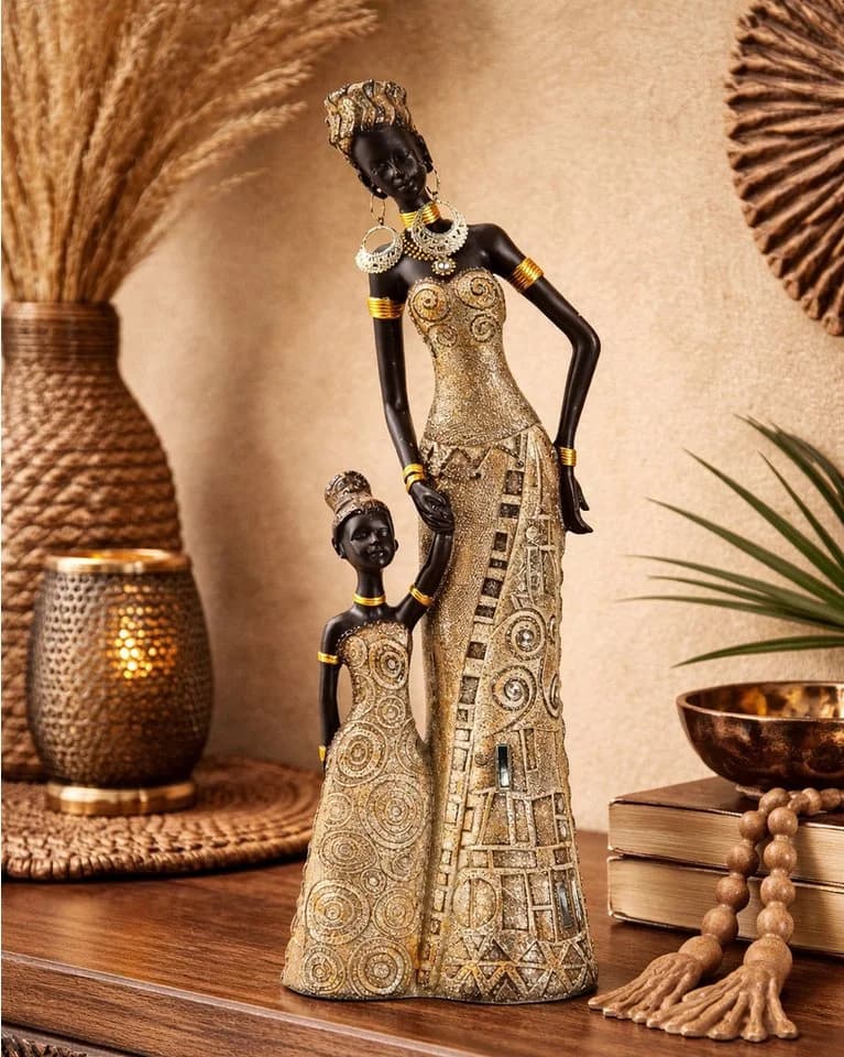 MF Afrikafigur Elegante Dekofigur Afrikanische Frau mit Kind Gold - Bild 2