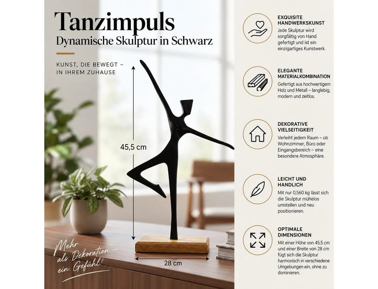MF Skulptur Tanzimpuls Schwarz Holzsockel Modern Abstrakt - Bild 5