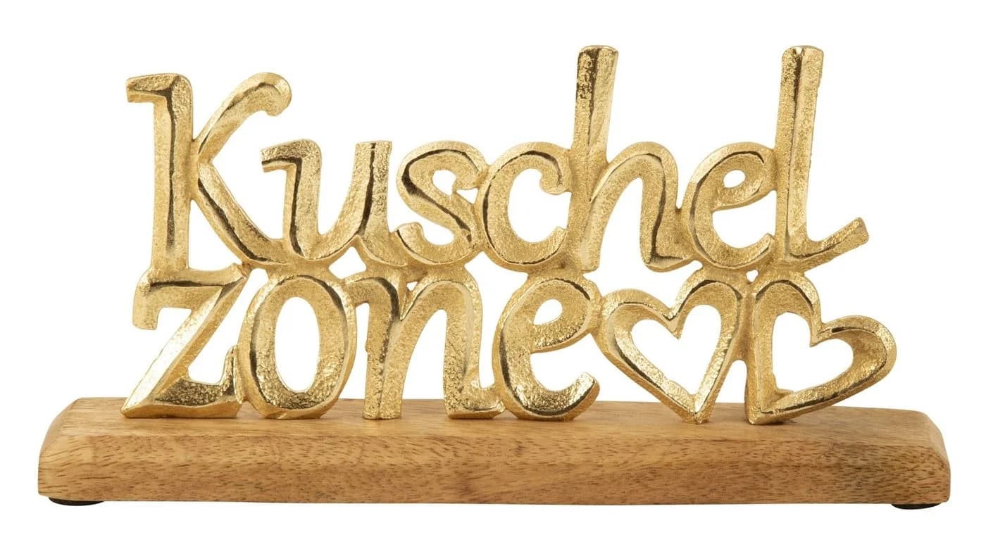 MF Deko-Schriftzug Kuschelzone Gold mit Herzen auf Holzsockel