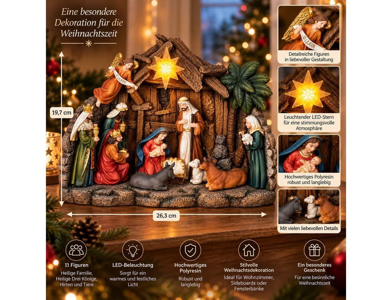 Mel-O-Design Beleuchtete Weihnachtskrippe mit 11 Figuren und LED-Stern - Bild 4