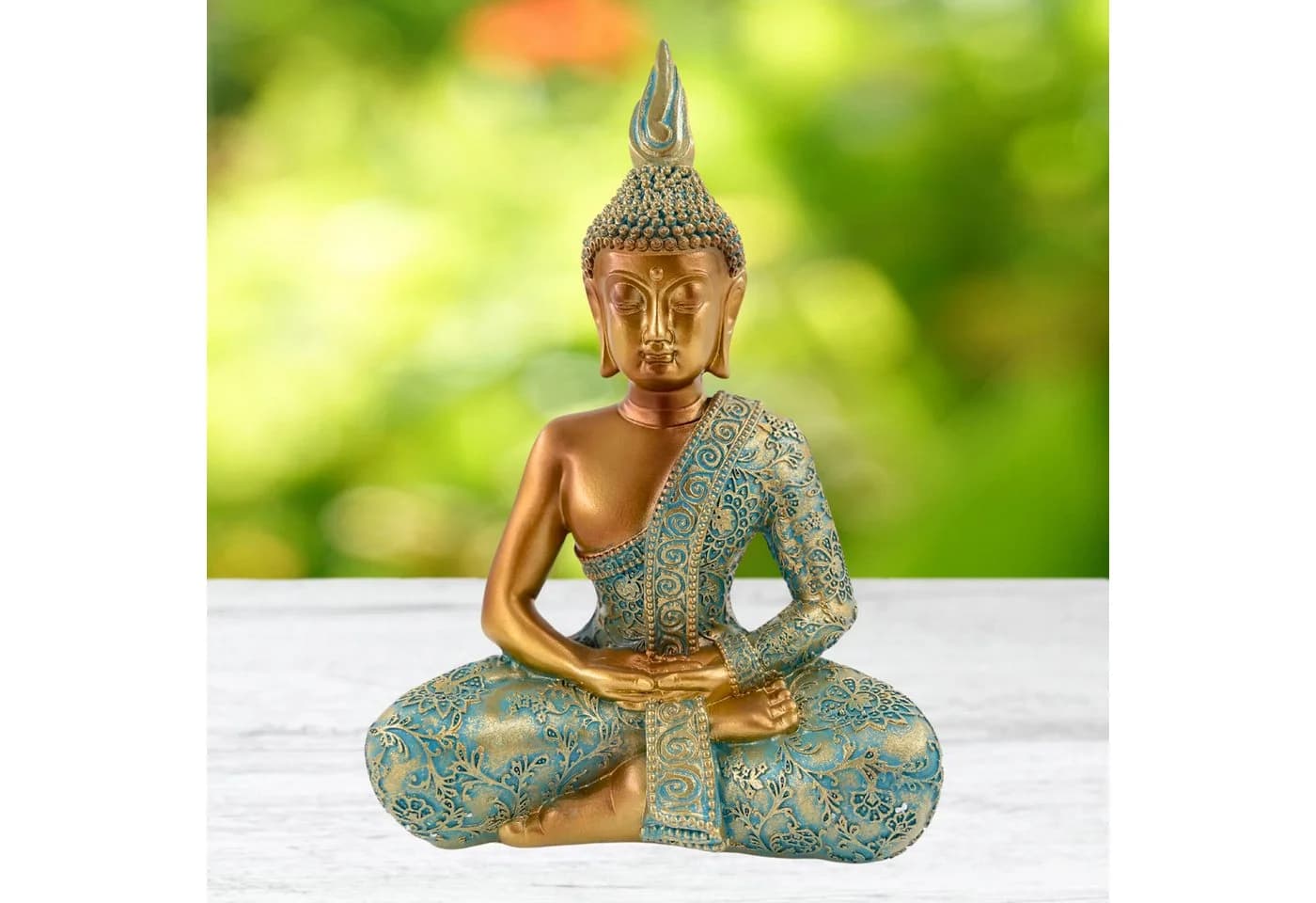 MF Buddhafigur Buddha Statue Gelassenheit Mintgrün Gold Polyresin