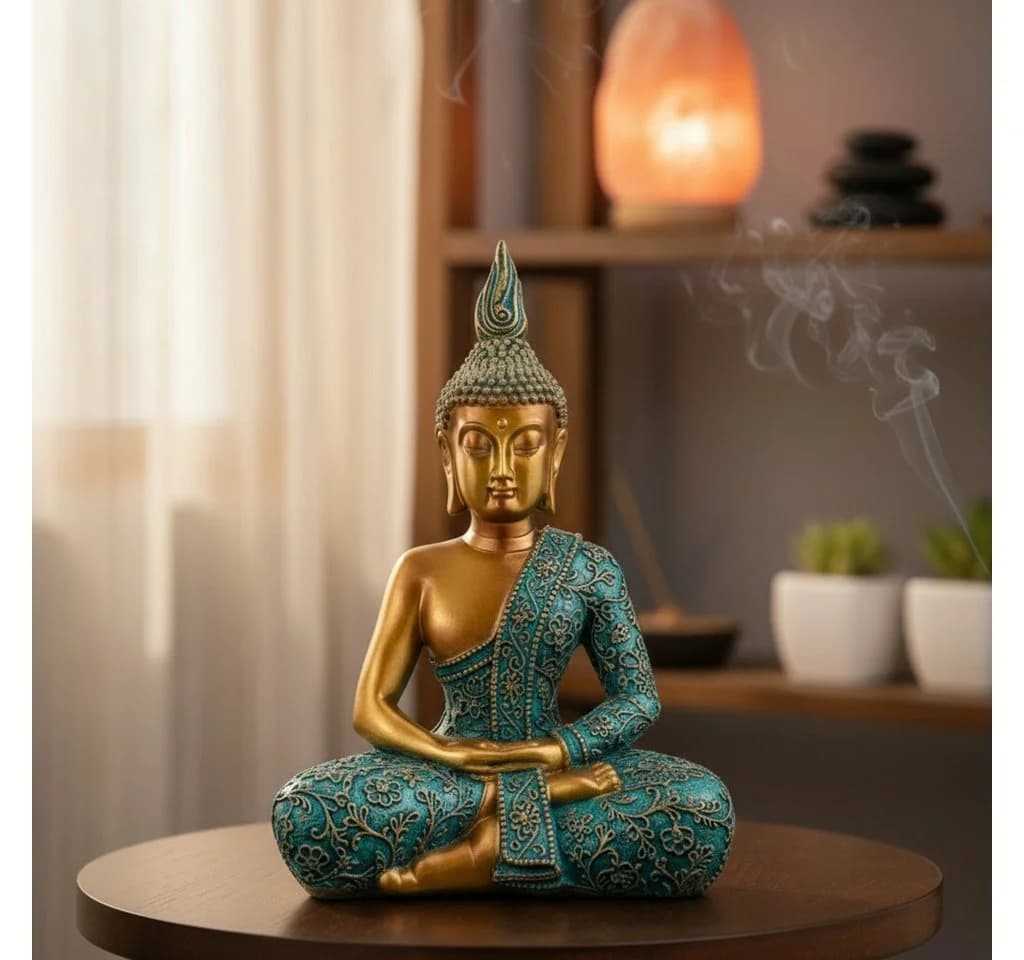 MF Buddhafigur Buddha Statue Gelassenheit Mintgrün Gold Polyresin - Bild 2